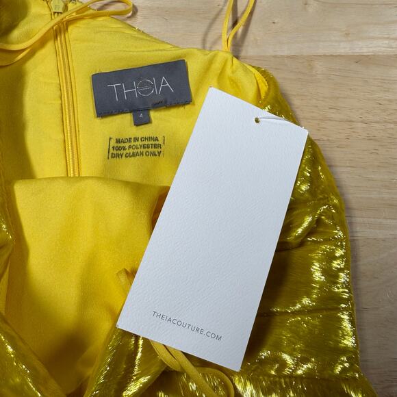 Theia NWT One Shoulder Fuzzy Texture Gold Maxi Gown Size 4 *Sample Dress* - Picture 2 of 9